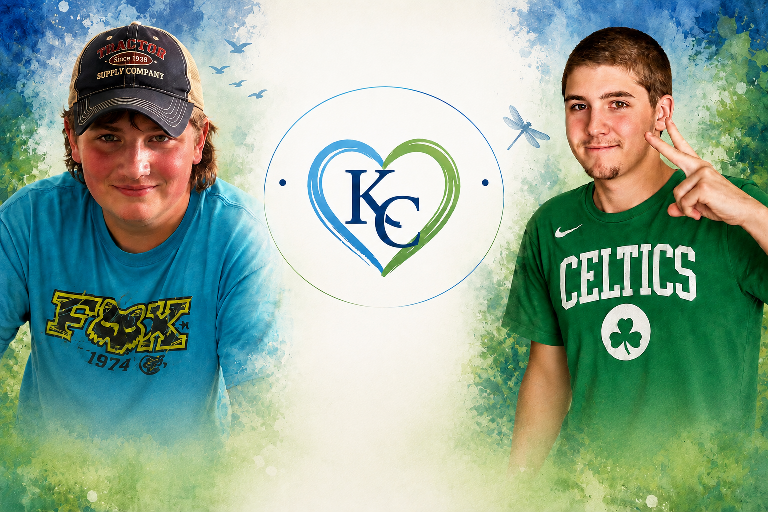 images of two young men smiling with logo for the website of Kody & Casey Kindness Collective in the middle with the words " where compassion becomes action" in the center
